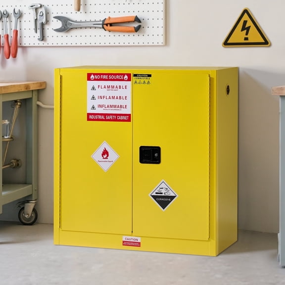 45 gal Flammable Cabinet, 44x43x18 in, Cold-Rolled Steel, Adjustable Shelves, OSHA & CE Certified for Industrial, Commercial, Laboratory, Yellow