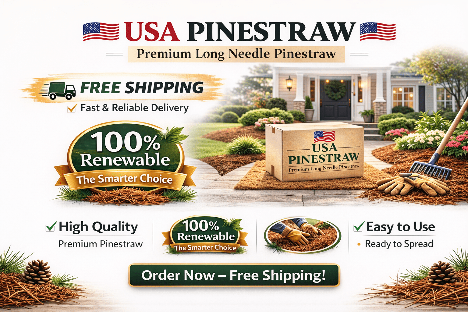Premium Long Needle | Pine Straw Mulch | 300 Sqft