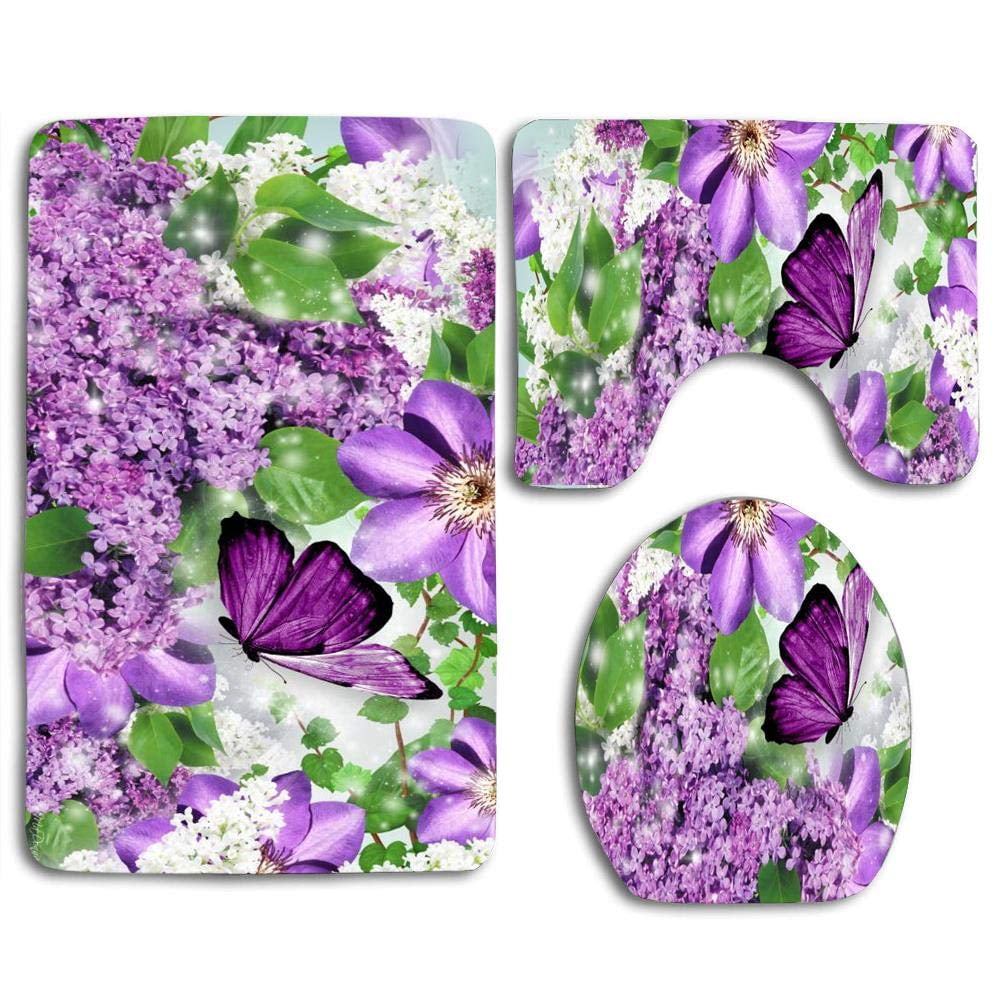 GOHAO Lilacs Butterfly 3 Piece Bathroom Rugs Set Bath Rug Contour Mat