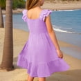 thumbnail image 3 of XIMIN Robes Décontractées pour Filles, Robe Midi à Encolure Carrée Froncée avec Manches à Volants et Poches, Sans Manches, Fluide, Robe d'Été pour la Plage, les Vacances et le Quotidien (Violet, 13-14 Ans), 3 of 5