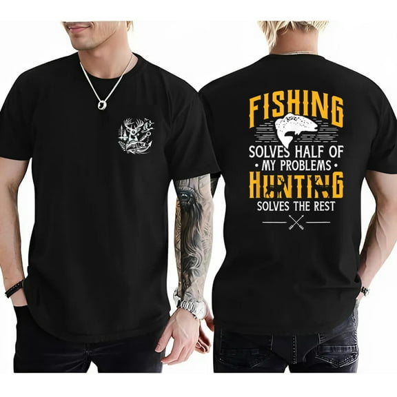 Fishing and Hunting Shirt for Men – Funny Outdoor T-Shirt for Anglers & Hunters – 'Fishing Solves Half, Hunting Solves the Rest' Graphic Tee – Rustic Gift for Dad, Husband, Outdoorsman