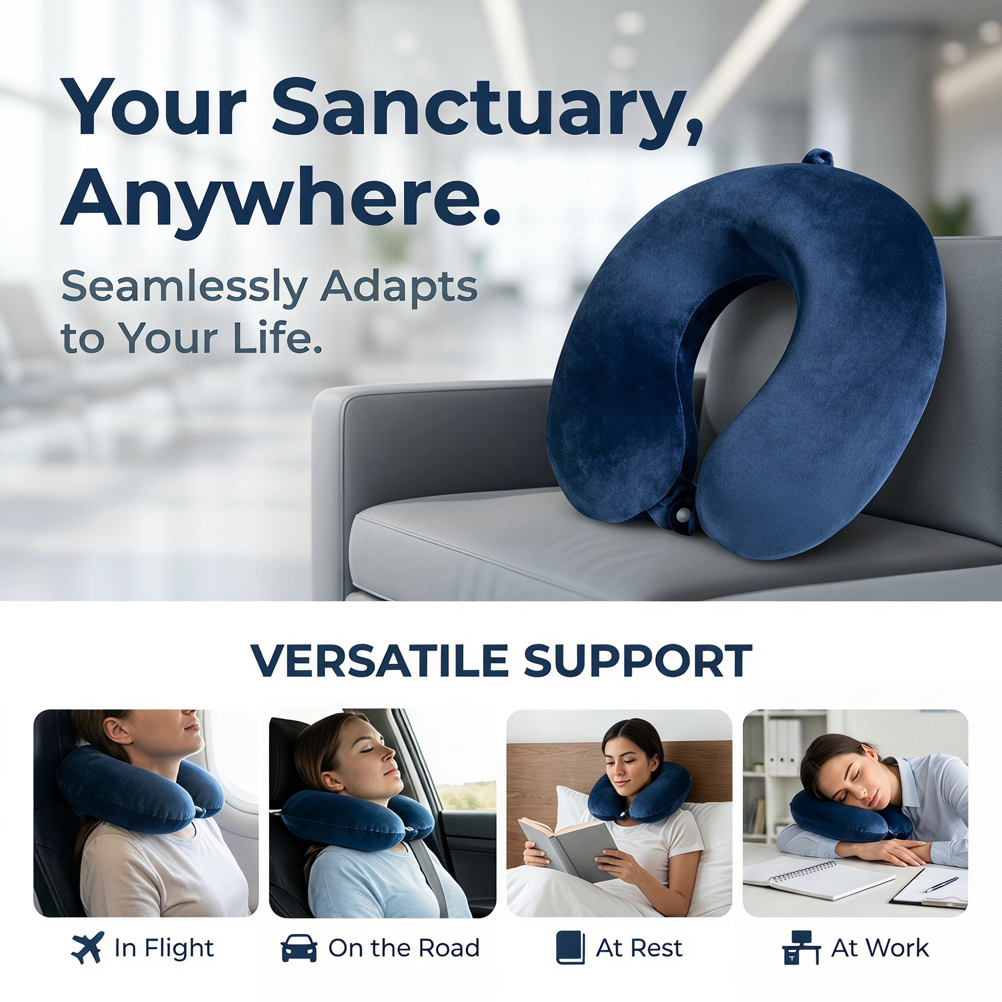 Unique Bargains Memory Foam Travel U Shape Neck Pillow Snap Closure Navy Blue 12"x12"x4"