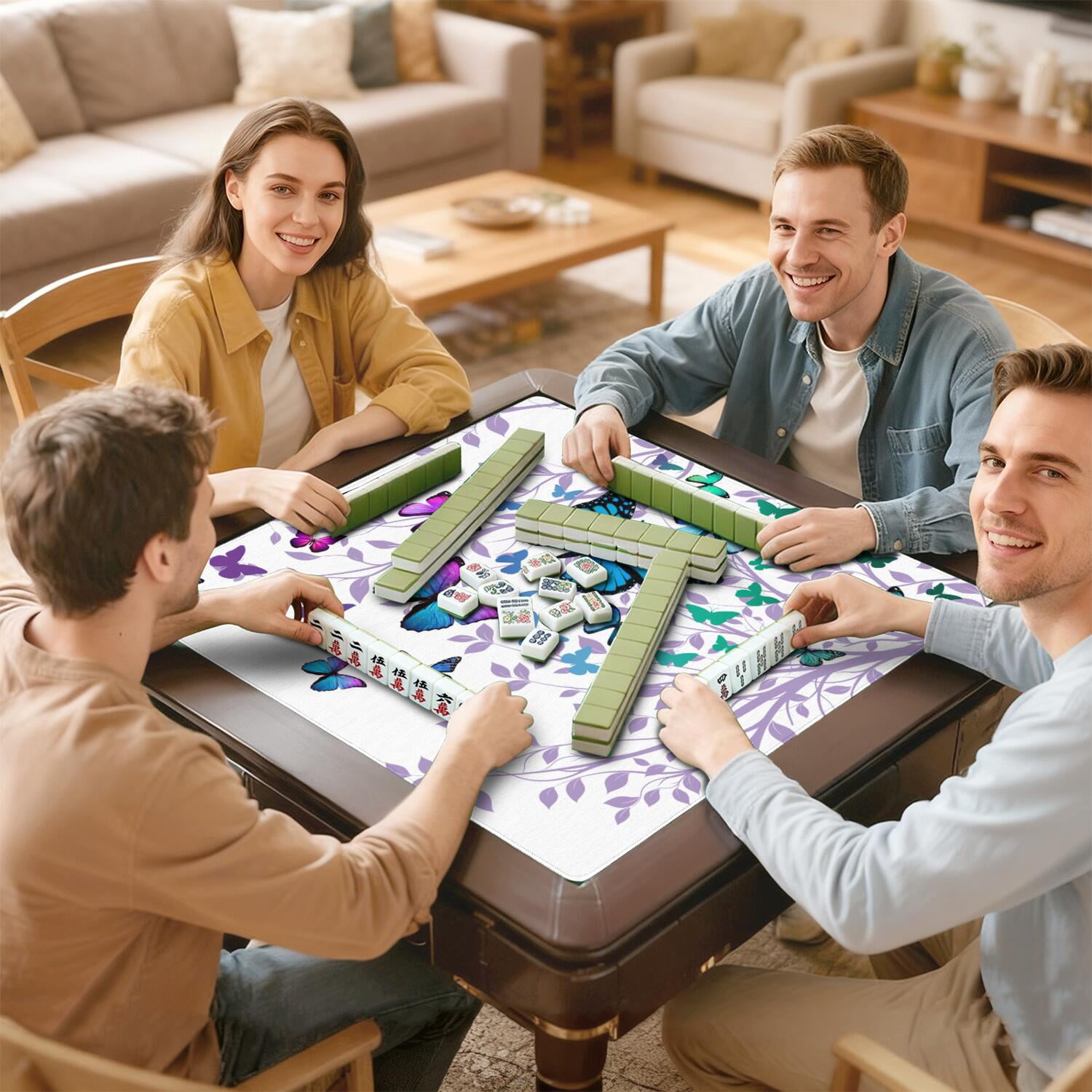 Elegant Mahjong Mat for Table, 31.5*31.5in Anti Slip American Mahjong Table Cloth, Noise Reduction, Neoprene Mah jongg Mat with Carrying Bag & 3 Dices, Mahjong Set Gift for Board Tile Games Mats