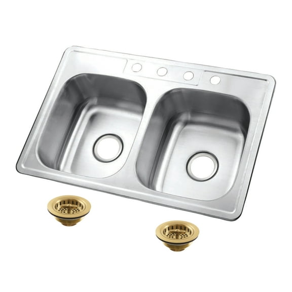 Kingston Brass Studio KGKTD332267 33" Stainless Steel Self-Rimming Double Bowl Drop-In Kitchen Sink with 4-Hole Drain and Strainer, Stainless Steel/Brushed Brass