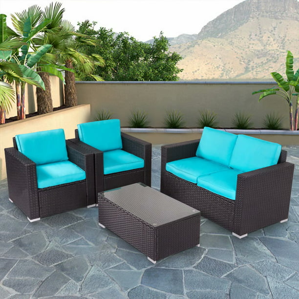 Kinbor 4pcs Outdoor Patio Furniture Pe Rattan Wicker Sofa Sectional Set With Blue Cushions Com - Outdoor Furniture With Blue Cushions
