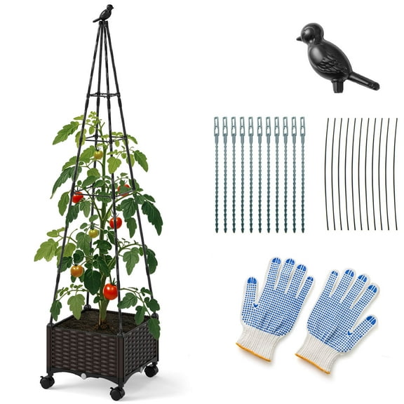 Costway 1 PCS Raised Garden Bed with Plant Box & Obelisk Trellis Lockable Wheels Cage Planter
