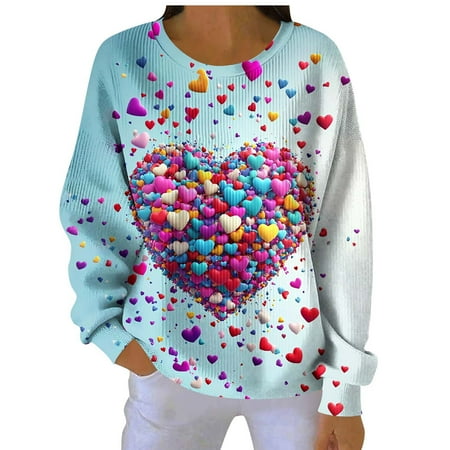 asdoklhq Funny Valentine s Day Tees for Women Fashionable Loose Casual Day Non Positioning Printed Long Sleeved Round Neck Sweatshirt Top Light Blue 2X