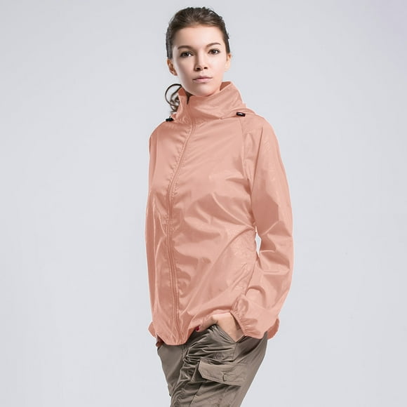 BYHONG Womens Four Seasons Solid Color Packable Rain Jacket Lightweight Windproof Raincoat with Hood Outdoor Rain Gear Travel Hiking Cycling Womens Coats Coat for Women Light Pink L