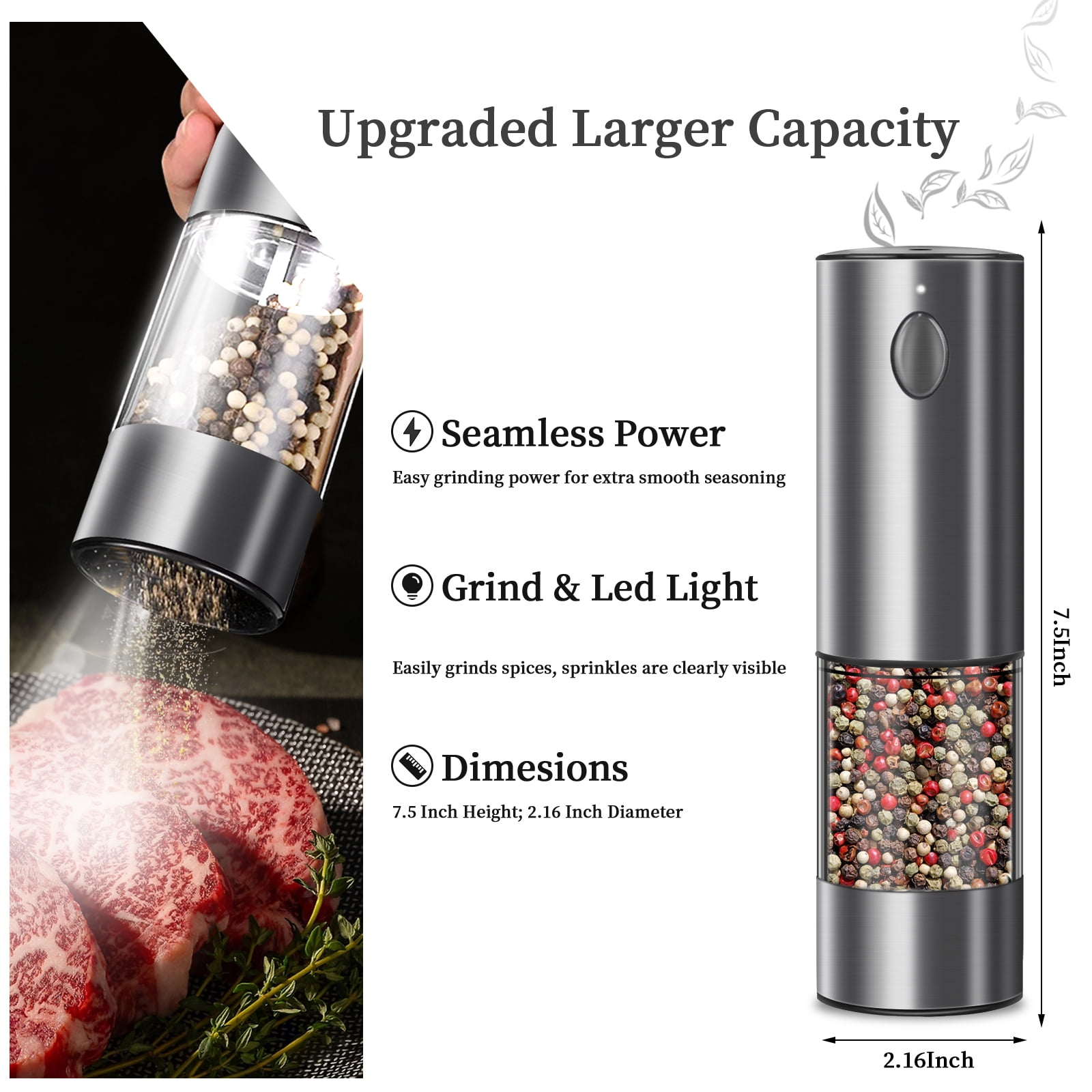Battery-Powered Salt and Pepper Grinder Set (2PCS) - Automatic Spice Grinder Adjustable Coarseness for Kitchen