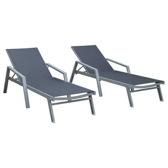 LeisureMod Marlin Modern Outdoor Chaise Lounge Arm Chair with Grey Powder Coated Aluminum Frame for Patio and Backyard Garden, Set of 2 (Black)