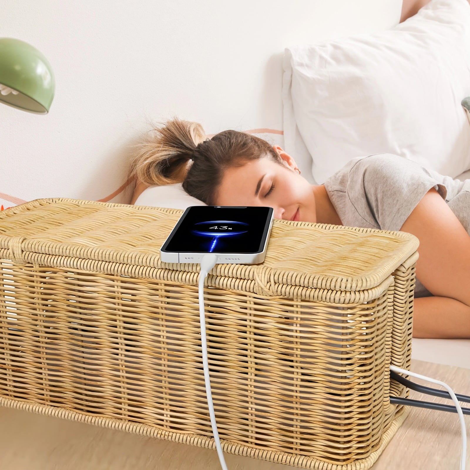 Cable Management Box, PP Cord Organizer Basket, Basket to Hide Cords, Rectangular Weave Design, Desktop Power Strip Storage with Sectioned Interior, Suitable for Home Office