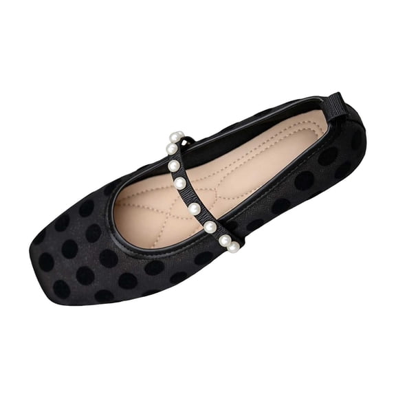SuTry Women's Square Toe Flats Polka Dot Mesh Pearl Strap Mary Jane Style Lightweight Comfortable Slip On Casual Walking Shoes Daily Essential(37)