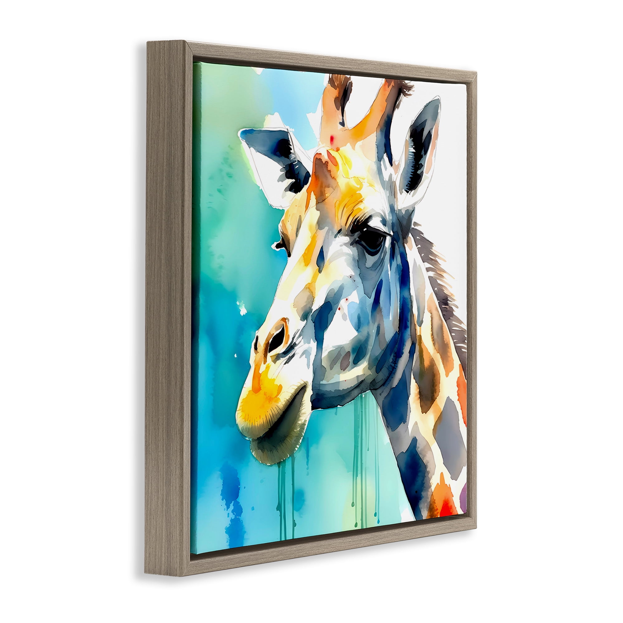 Stupell Industries Giraffe with Blue Splash Animals & Insects Painting Brown Floater Framed Canvas Art Print Wall Art, 18 x 18