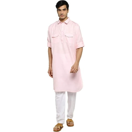 

Royal Kurta Mens Cotton Pathani Kurta Pyjama (40 Pink-White)