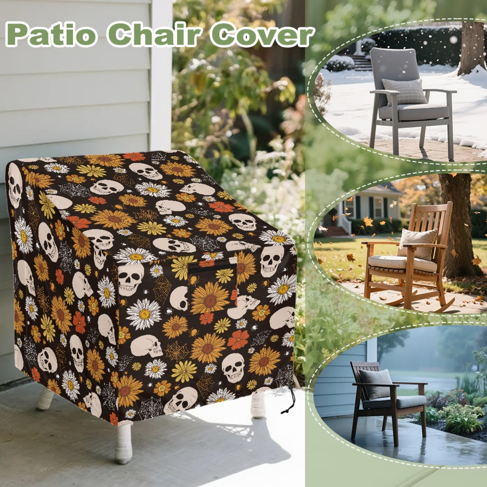Renewold Patio Chair Covers Waterproof Dust Proof Stackable Patio Chair Covers Outdoor Lawn Patio Furniture Protection Halloween Decor, 38"W x 38"D x 36"H, Skull Sunflower Daisy Spider Web Print