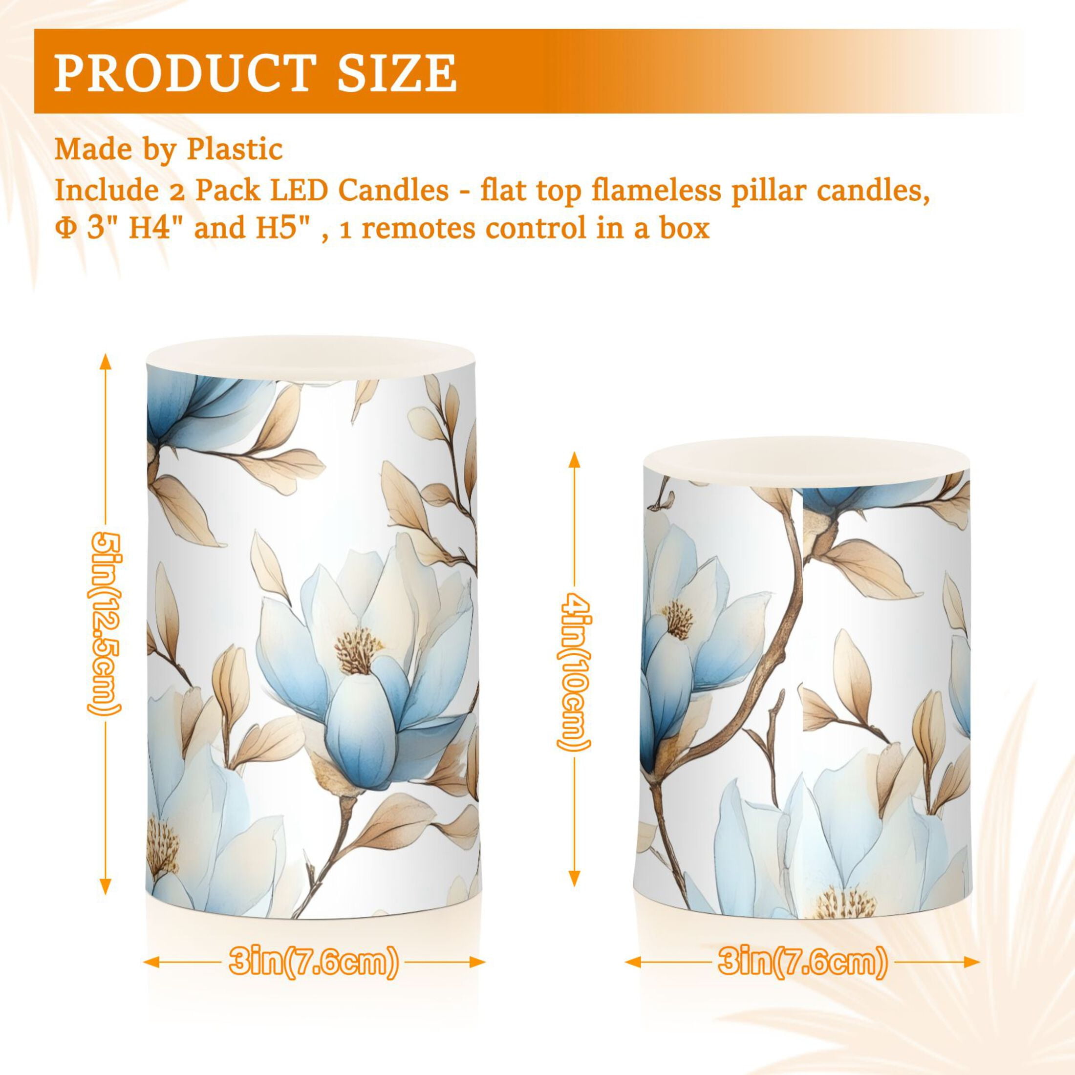 Beautiful Blue Magnolias Flickering Flameless Candles Battery Operated with Remote Timer LED Pillar Candles Set of 2
