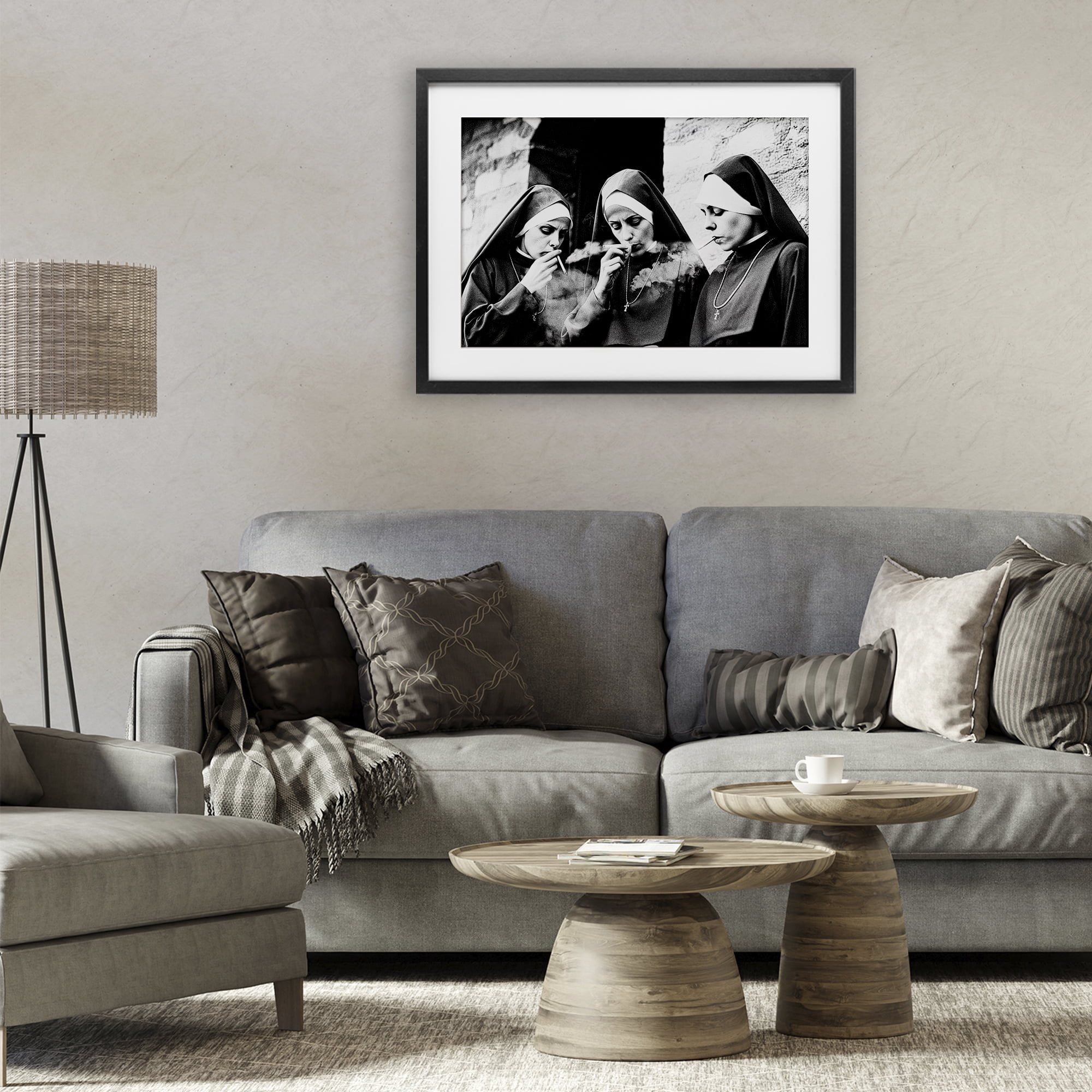 Smoking Nuns Rebellion Black Framed Print Under Glass, design by Decent Exposures
