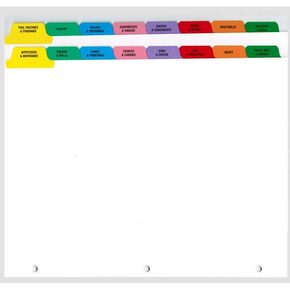 Preprinted Cookbook Index Dividers for 8.5" x 11" Binder, 16-SHEET INDEX SET
