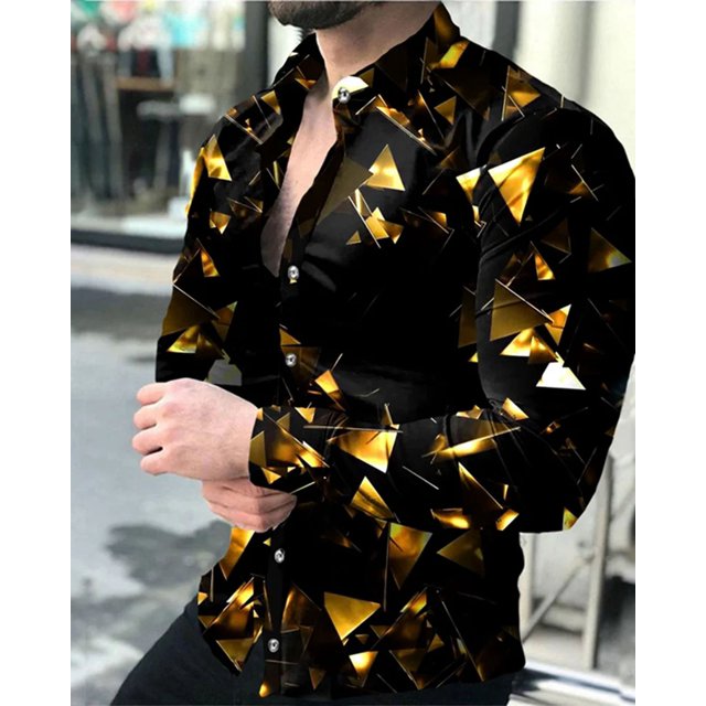 Camisa de hombre con puños geométricos para uso diario, estilo resort, manga larga, abotonada, ropa de diseño informal