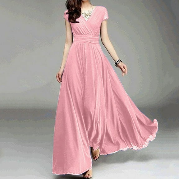 Pntutb Clearance Womens V-Neck Solid Color Short Sleeve Chiffon Waist Closing Evening Dress Pink XXXXXL