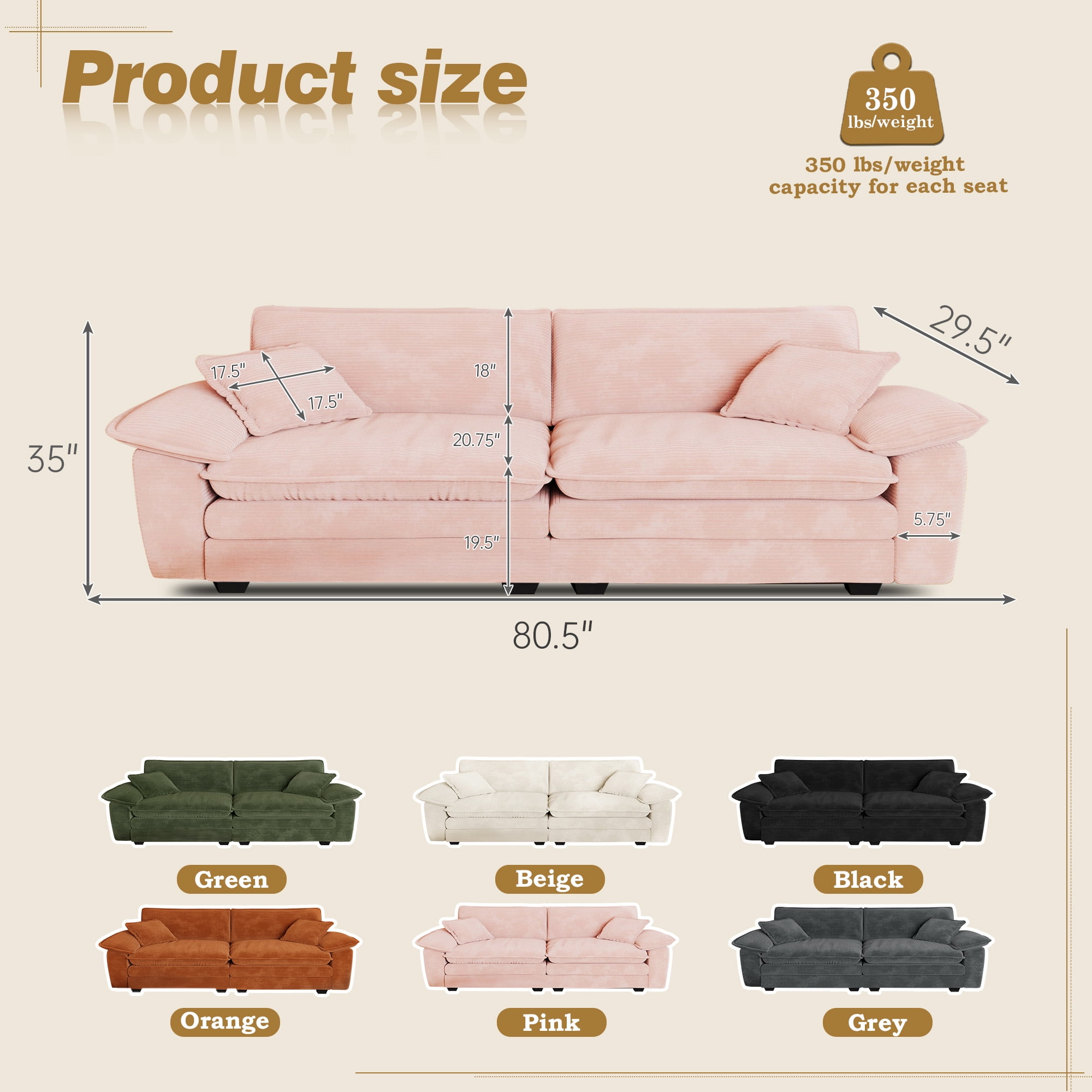 Muumblus 80.5" Corduroy Loveseat Sofa, Oversized Upholstered 2-Seater Fluffy Cloud Sleeper Couch for Living Room/Apt, Pink