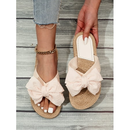 

Preppy Outdoors Flat Slippers for Women Bow Decor Polyester Open Toe Slide Sandals