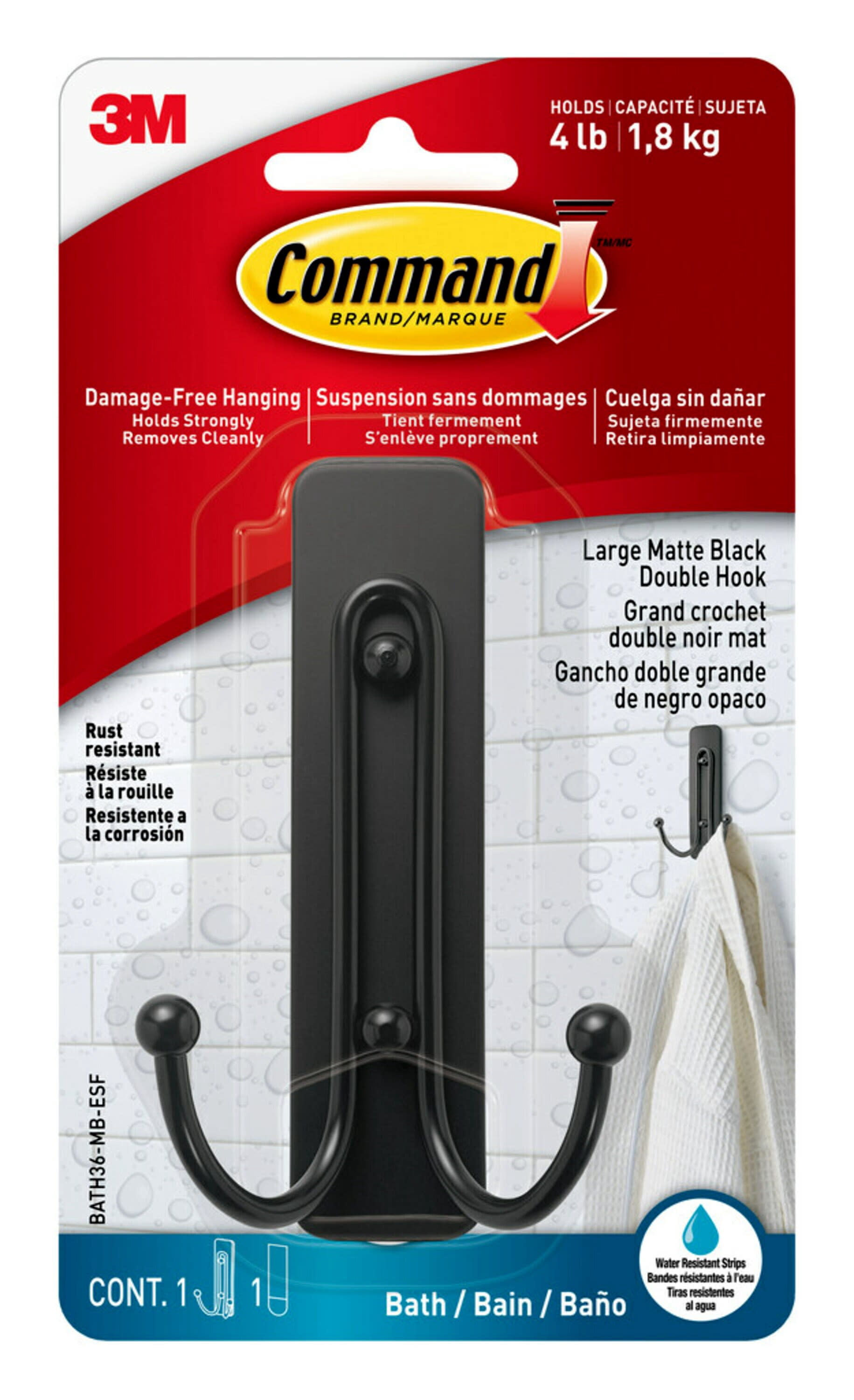 Command Bath Hook, Medium, Matte Black, 2 Hooks and Command Large Double Bathroom Wall Hook, 1 Metal Hook