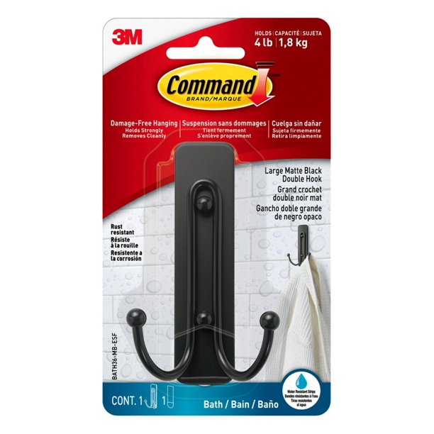 Command Large Double Bathroom Wall Hook, Black, Damage Free Holiday