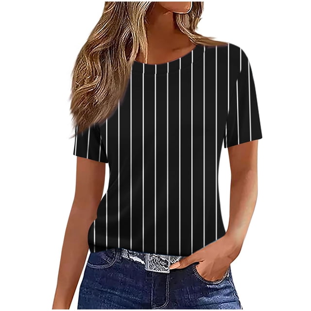 Atogsazn T-Shirt d'Été à Manches Courtes pour Femme, Décontracté et Chic, Col Rond, Tunique, Haut Basique, Vêtements pour Femmes, Noir, M, Mode