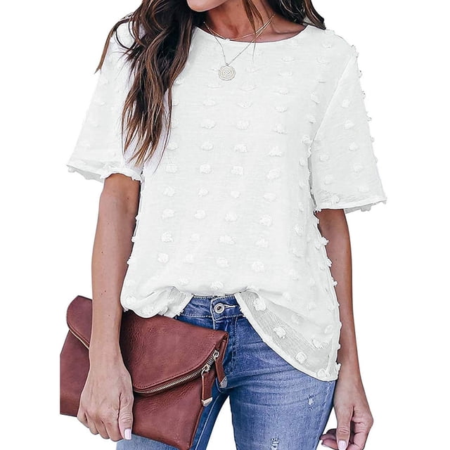 Pntutb - Blusa de manga corta con cuello redondo para mujer, blusa de gasa con lunares Pntutb Pntutb-5671
