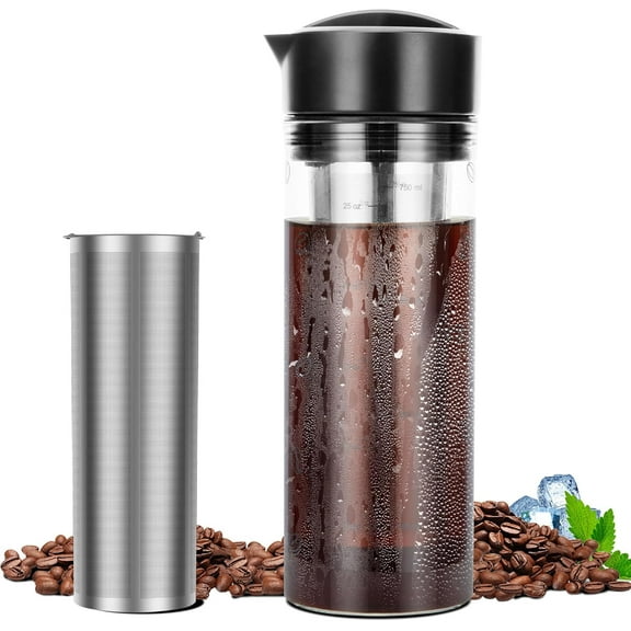 25oz Cold Brew Coffee Maker 4 Cup Capacity Tea Maker, Iced Coffee Pot, Cold Heat Resistant Borosilicate Glass Carafe, Stainless Steel Mesh Filter Basket and Black Freshness Lid