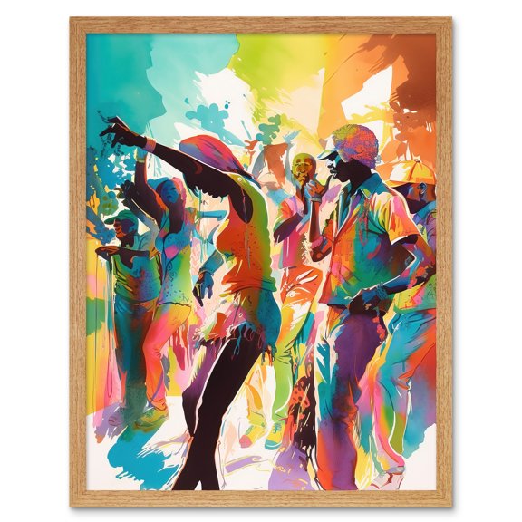 Happy Audience People Dancing to the Beat at Live Concert Gig Modern Rainbow Illustration Art Print Framed Poster Wall Decor 12x16 inch