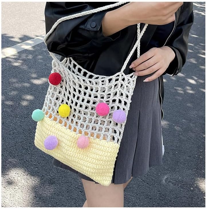 JennyShop Crochet Openwork Tote Bag for Women, Hot Sale Knitted Shoulder Bag Patchwork Color Clashing Handbag