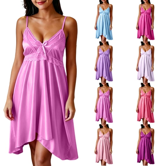 Chemise Nightgowns for Women Zaewscy Women's Casual Summer Short-style Lace Knee-length Nightgown With Bow Decoration Pink Free Size