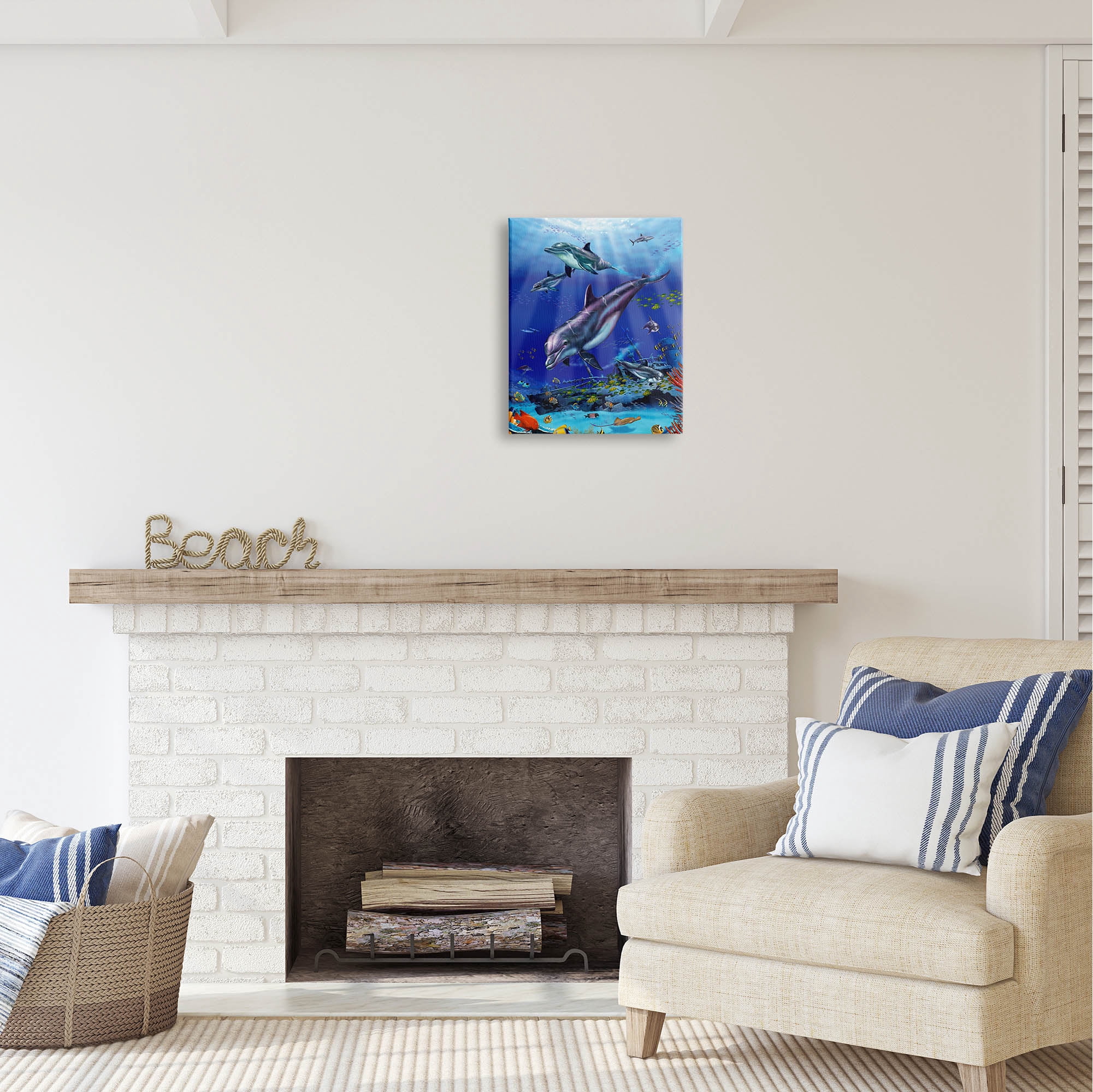 Stupell Industries Aquatic Dolphins & Fish Coastal Painting Gallery Wrapped Canvas Print Wall Art