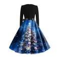 thumbnail image 6 of Women's Fashion Round Casual Slim Fit Christmas Print Large Swing Long Sleeve Dress, V-Neck, Holiday Print, Retro Style, Party Wear, Flare Hem,Blue,S, 6 of 6
