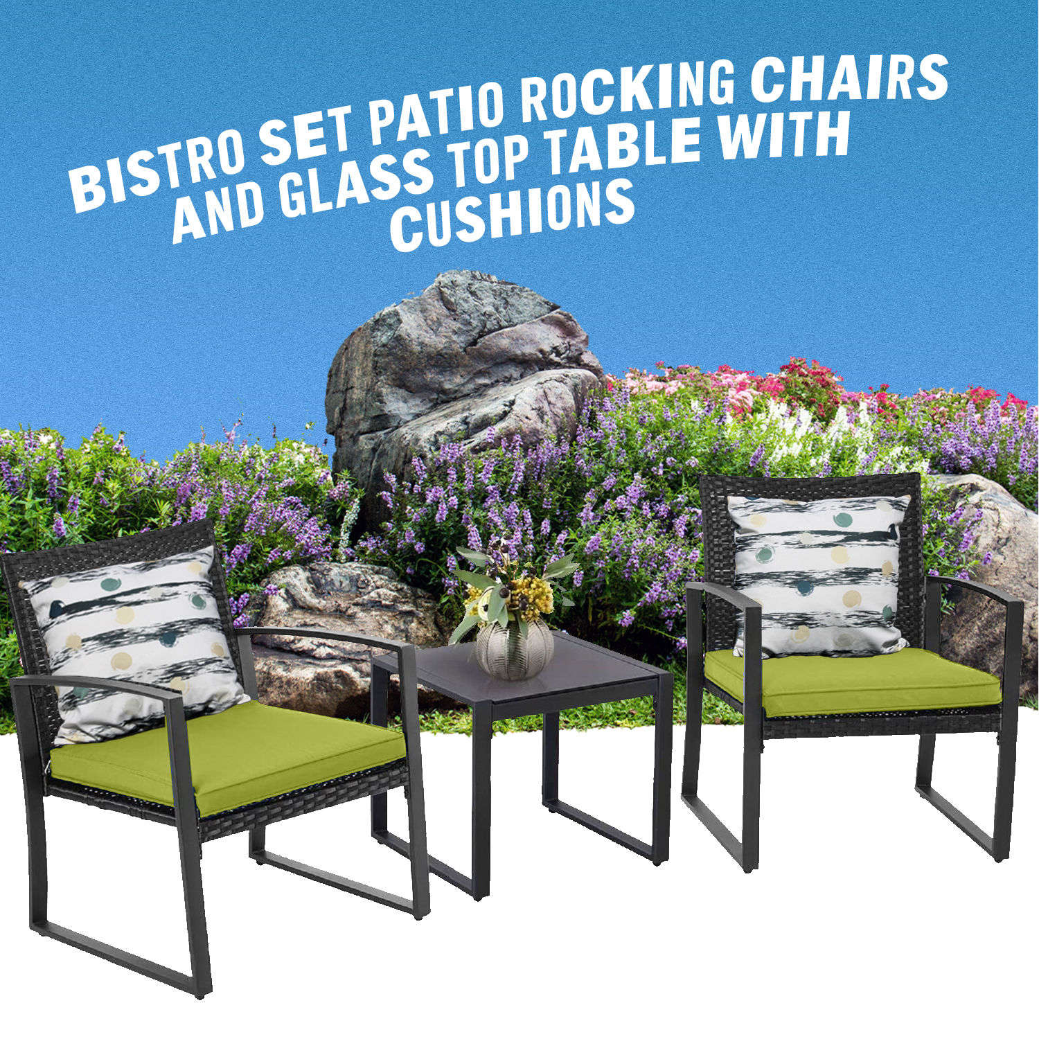 Outdoor 3-Piece Dialog Bistro Set Black Wicker Furniture-Two Chairs with Glass Coffee Table Green - image 3 of 7