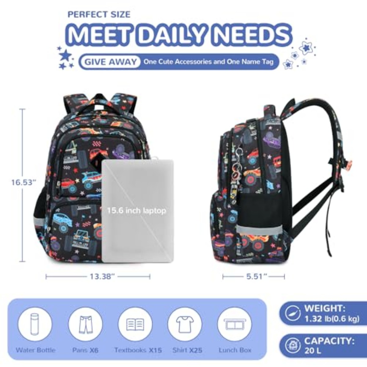 Mochila para niños con estampado de autos, para primaria, ligera, impermeable, para adolescentes, negra 7