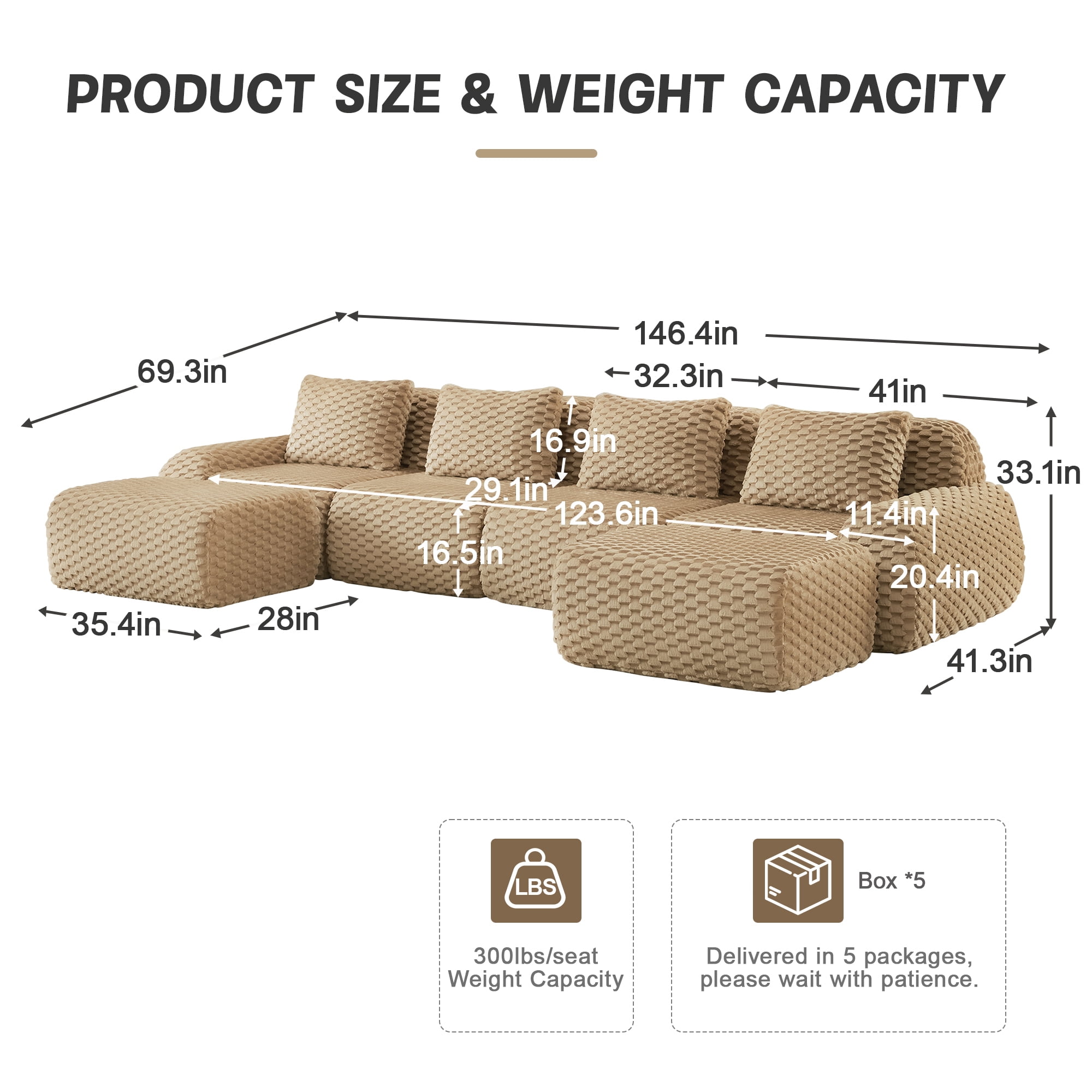 Alvantor 146" Cloud Modular Sectional Sofa with Movable Ottoman, U Shaped Deep Seat Flannelette Boneless Couch for Living Room Bedroom Light Camel