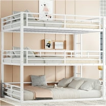 JERFIT White Metal Triple Queen Bunk Bed, Heavy Duty 3-Tier Bunk Bed Frame with Guardrails, Space Saving Design for Home, Dorm, Guest Room