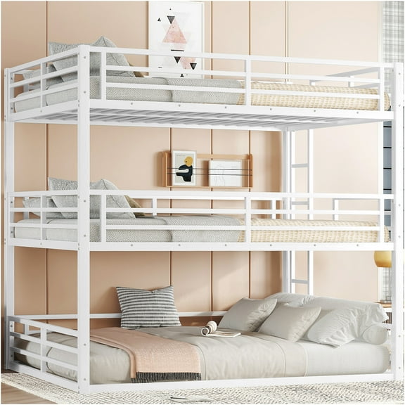 JERFIT White Metal Triple Queen Bunk Bed, Heavy Duty 3-Tier Bunk Bed Frame with Guardrails, Space Saving Design for Home, Dorm, Guest Room