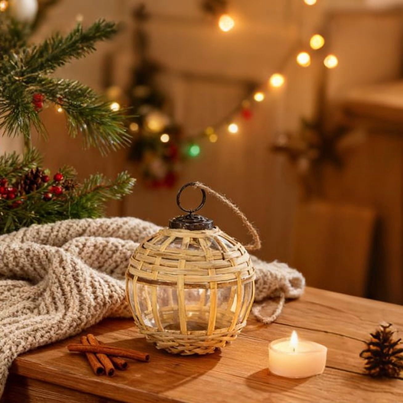 Glass and Cane Christmas Ball Ornament 3.6 Inch Rustic Natural Texture Tree Garland Decor