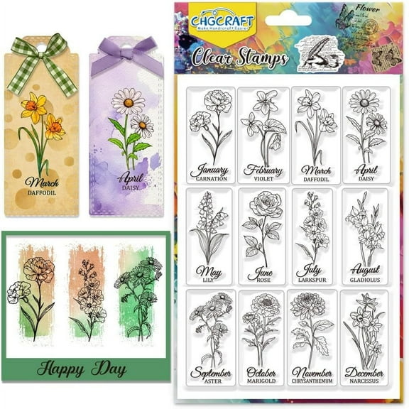Birthday Month Flowers Clear Stamps Flowers Transparent Stamps Silicone Clear Stamp Seals for DIY Scrapbooking Photo Album Decoration 4.3x6.3 inch Colorful