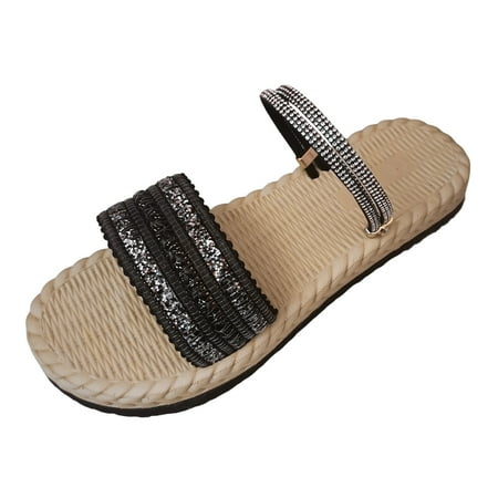 

Jungdeepe Ladies Summer Flowers Bohemian Style Rhinestone Sequins Beach Outside Wear Flat Sandals Slippers