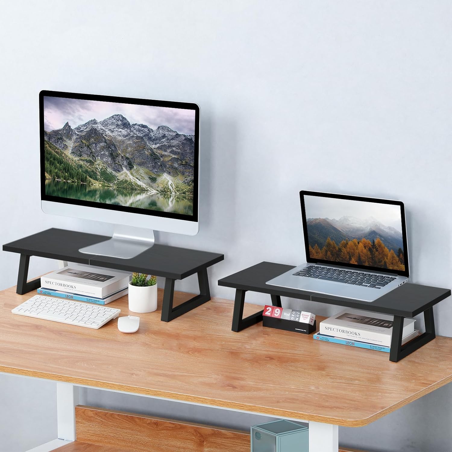 24 inch Monitor Stand Riser, Black Wood & Steel Computer Monitor Stand with Storage, Laptop, PC, Printer Stand Riser for Desktop Office Desk Organizers