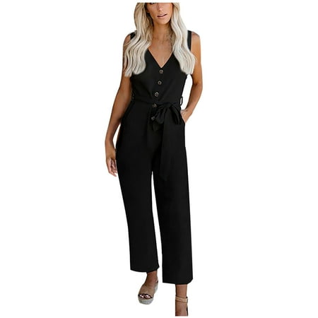 

Jumpsuits Women Sleeveless Button V-neck Belted Long Pants Romper with Pockets Club Cocktail Dinner Clothes