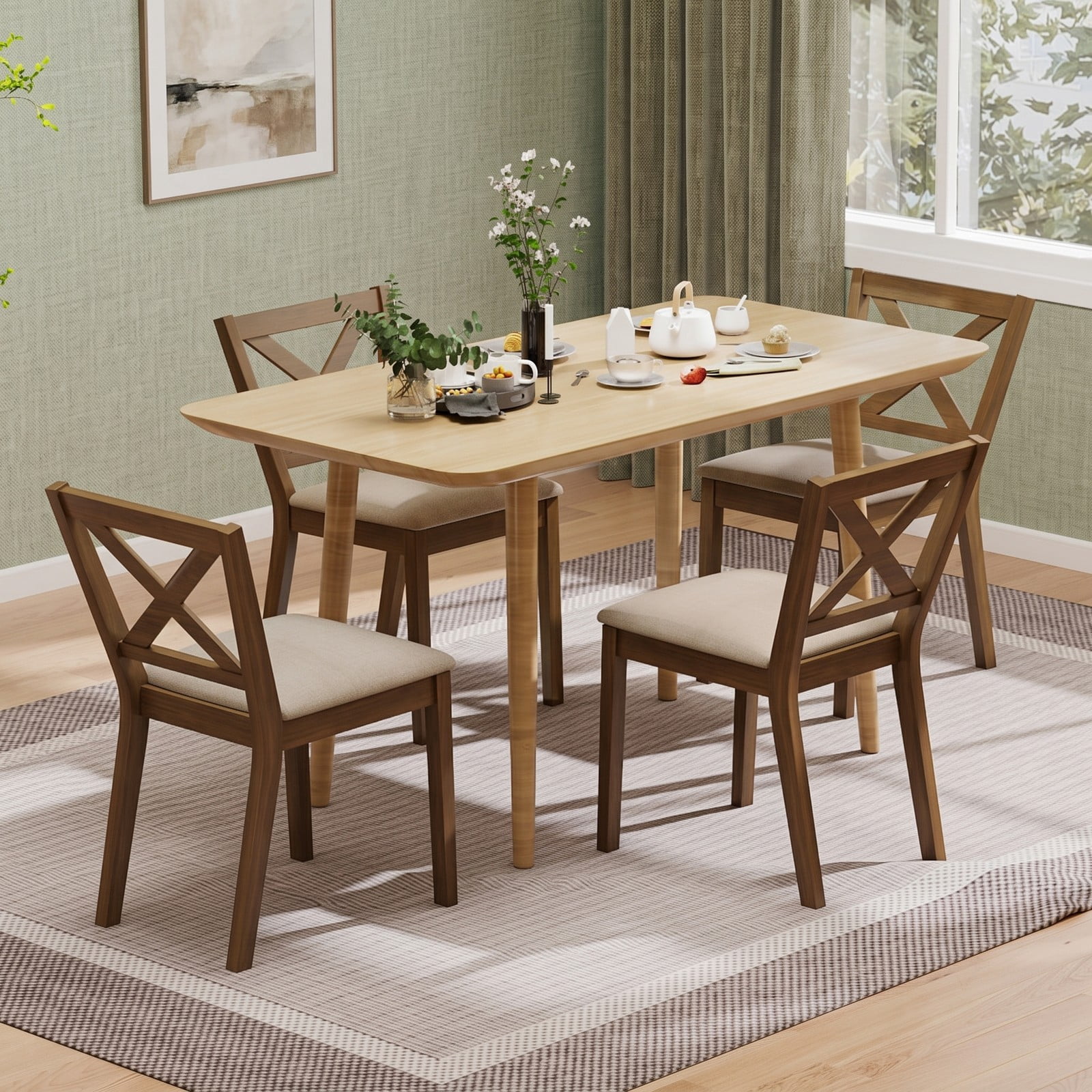 Furnibear Dining Chair Set of 2, Modern Farmhouse Kitchen Chairs with Upholstered Linen Seat, X-Shaped Backrest and Rubber Wood Legs, 400 lb Capacity Side, Brown