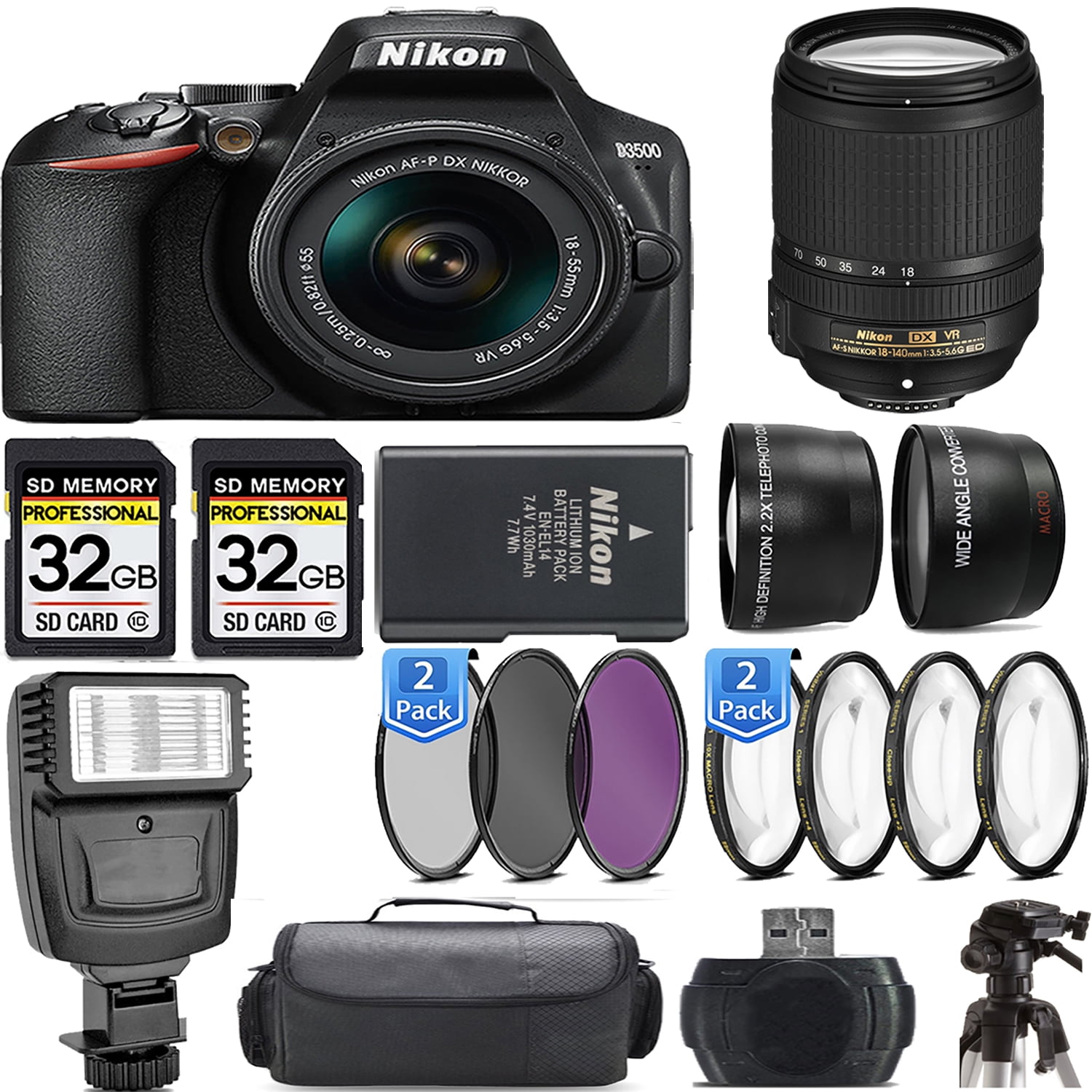 Nikon D3500 DSLR Camera with 1855mm Lens +70300mm Lens +Flash Kit