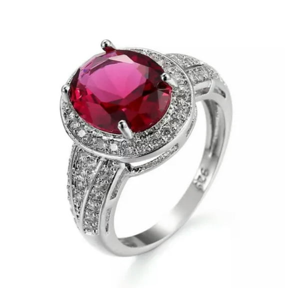 EOEMY 3Ct Oval Cut Rose Red Aaa Cz Band Women'S Engagement 925 Silver Ring Size 6-10