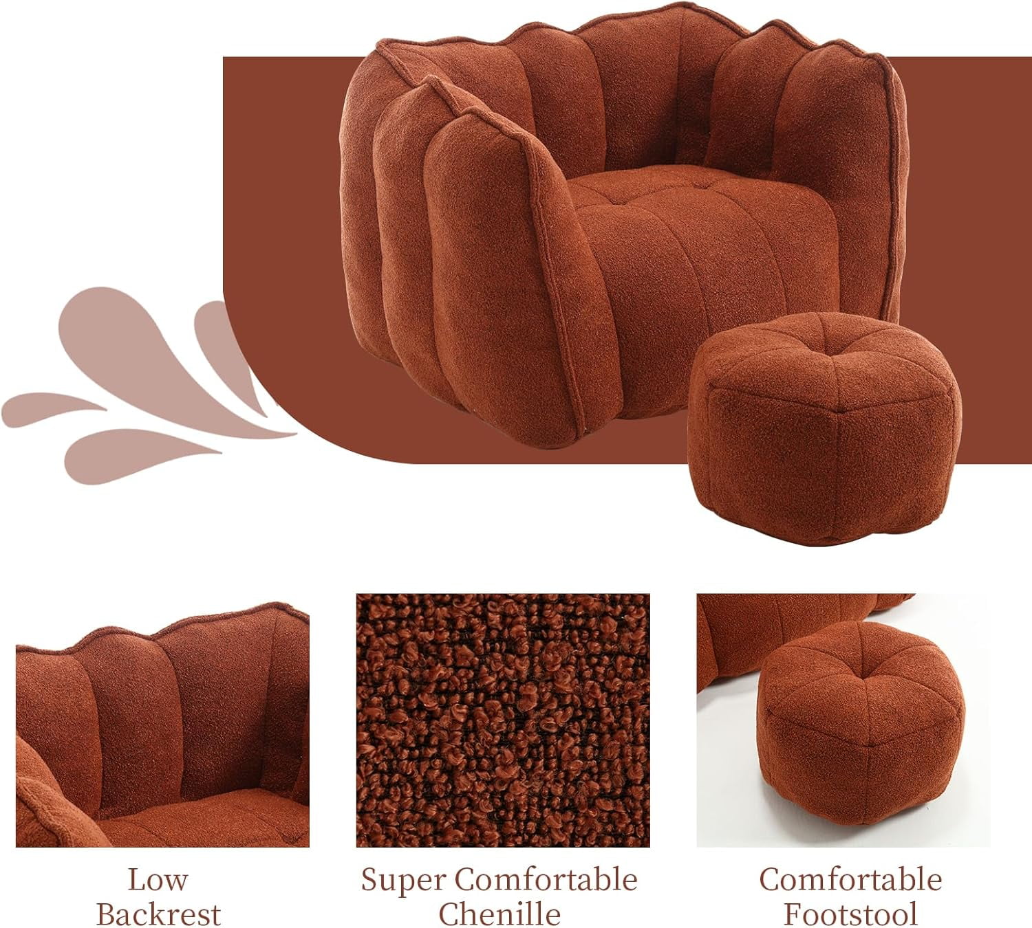 Tabaray Bean Bag Chairs with Ottoman, Bean Bag Couch for Adults, Bean Bag Sofa with High Resilient Foam, Modern Lazy Sofa Chair with Armrests for Living Room, Bedroom, Gaming Room, Apartment Brown